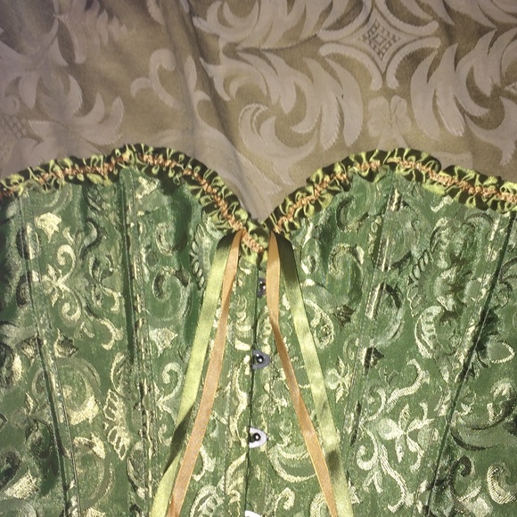 Ladies sexy cotton corset, brocade green, satin ribbons, with boning size M - Picture 2 of 8
